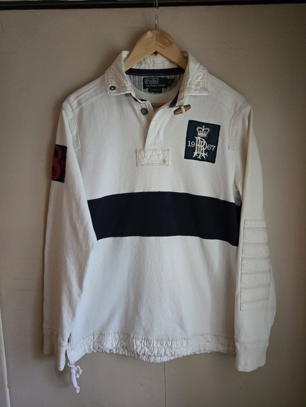 POLO RL RALPH LAUREN NAVAL TAILORS RUGBY SHIRT * WHITE / BLUE / RED * RARE *SZ.M